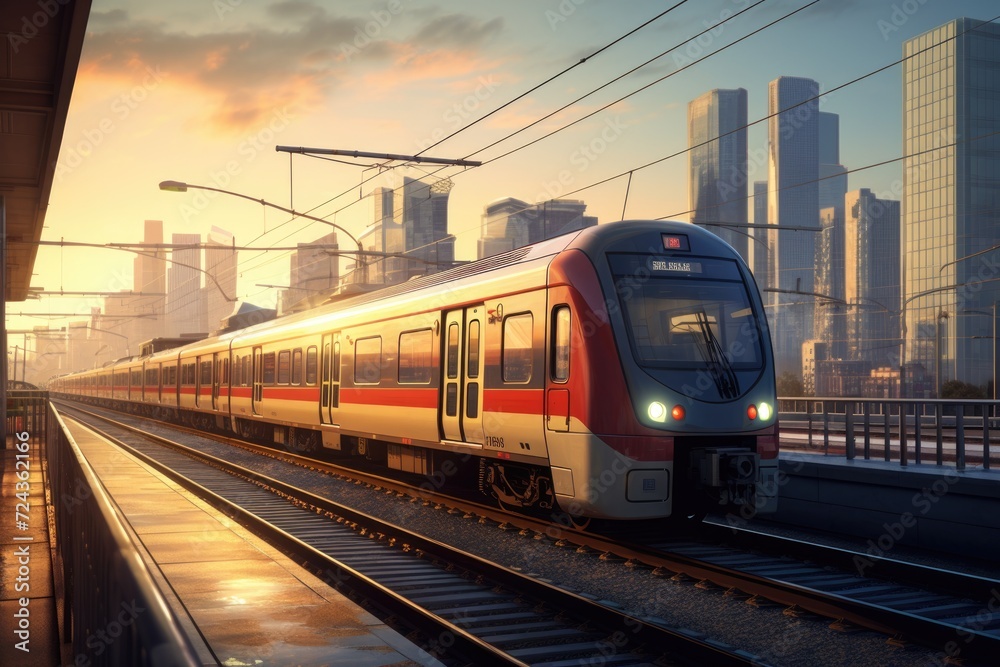 train pulls into the station at sunset