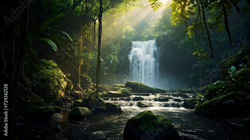 Panoramic view of a waterfall in the rainforest at sunrise