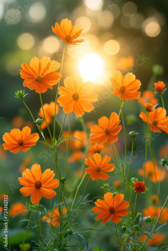 Orange cosmos flowers in the mist and fog  vertical background