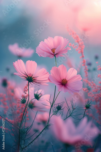 Pink cosmos flower in the mist and fog, vertical background