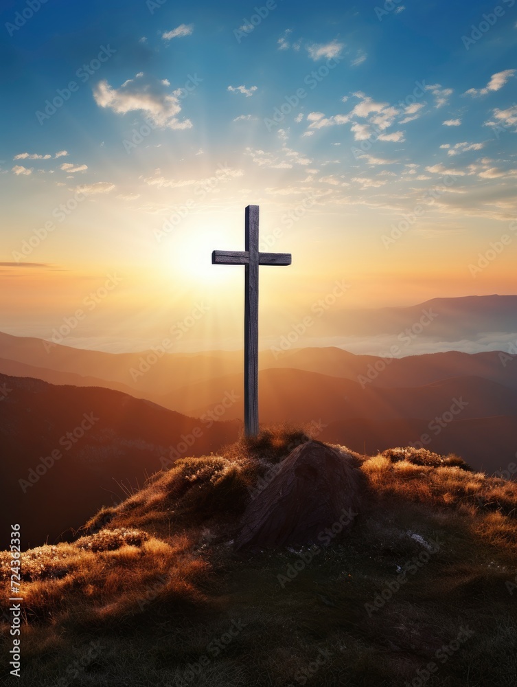 Easter and Good Friday concept, Empty tombstone with cross on mountain sunrise background, copy space - generative ai Easter and Good Friday concept, Empty tombstone with cross on mountain sunrise background, copy space - generative ai