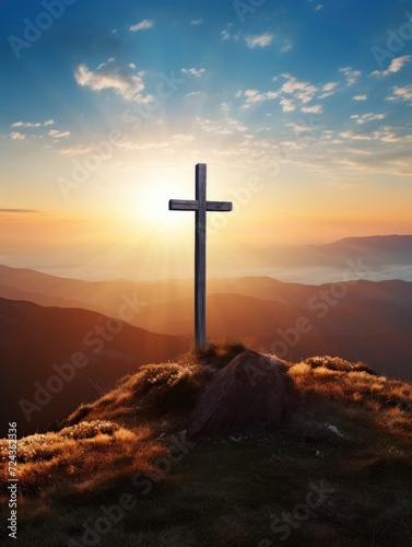 Easter and Good Friday concept, Empty tombstone with cross on mountain sunrise background, copy space - generative ai