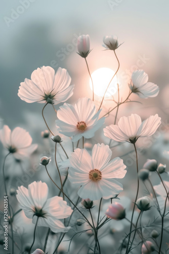 White cosmos flower in the mist and fog, vertical background © Ema
