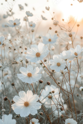 White cosmos flower in the mist and fog, vertical background