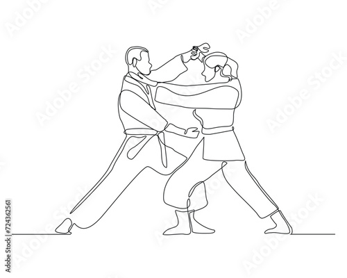 Continuous single line sketch drawing of young man and woman confident karateka in kimono practicing fight karate combat. One line traditional martial art sport training concept Vector illustration