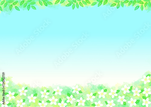 青空と白い花畑の水彩風 イラスト