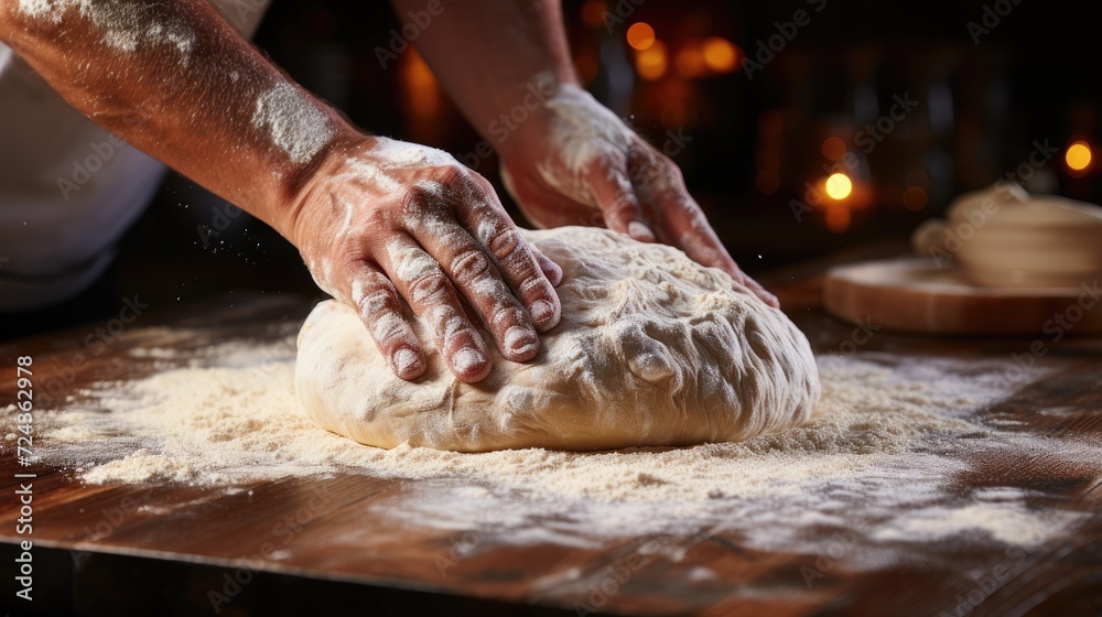 Male hands in flour knead the dough on a wooden table. Culinary theme.