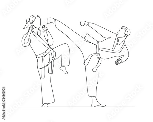 Continuous single line sketch drawing of young man and woman confident karateka in kimono practicing fight karate combat. One line traditional martial art sport training concept Vector illustration