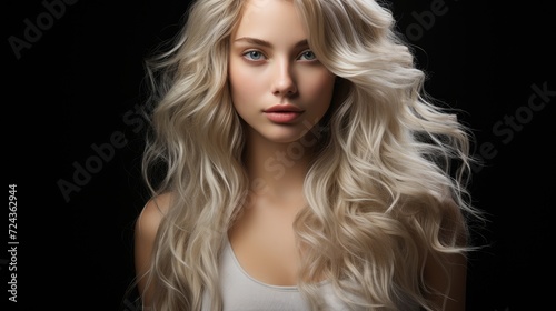 Woman With Long Blonde Hair Standing in Front of Black Background