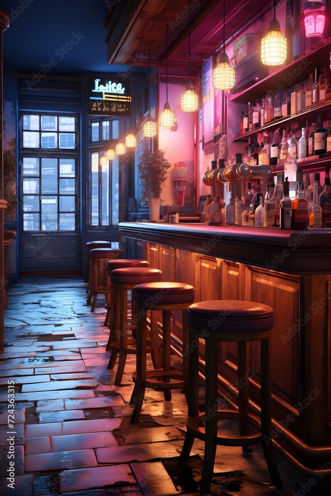 Night view of bar interior with tables and chairs. Toned image.