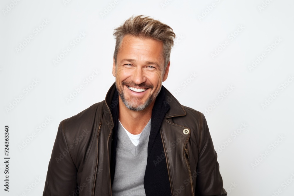 Handsome smiling man in leather jacket standing against white background. Handsome smiling man in leather jacket standing against white background.