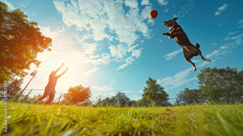 A dynamic outdoor scene showcasing a dog leaping into the air to catch a frisbee, with its owner joyfully interacting in a sun-drenched park. 