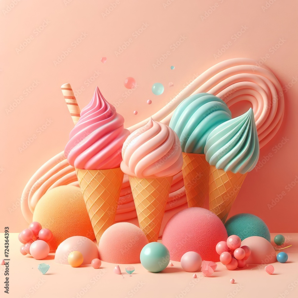 Colorful delicious ice cream in a cones on peach fuzz trendy 2024 color background. Tasty dessert food concept in minimalism style. Realistic 3D render. Wide screen wallpaper, for design and banners. Colorful delicious ice cream in a cones on peach fuzz trendy 2024 color background. Tasty dessert food concept in minimalism style. Realistic 3D render. Wide screen wallpaper, for design and banners.
