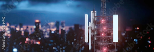 mobile phone signal repeater station tower with blur city at night background. For telecommunication industry, 4g 5g mobile data concept . futuristic technology photo