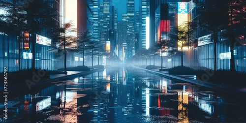 3d modern buildings in capital city with neon light reflection from puddles on street. Concept for night life, never sleep business district center , night cyberpunk city photo