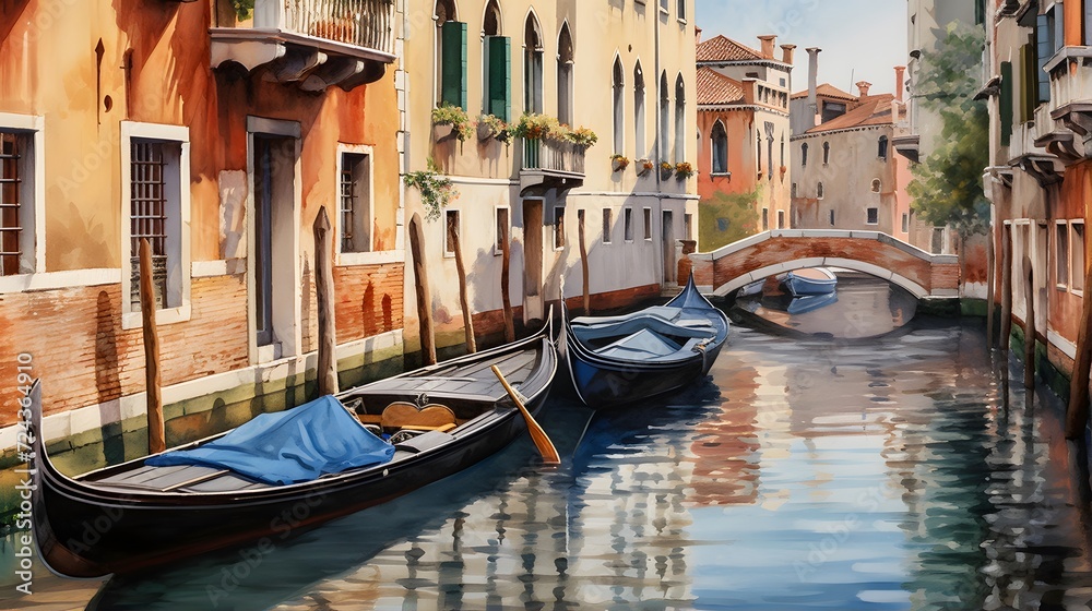 Venice, Italy. Panoramic view of a canal with gondolas