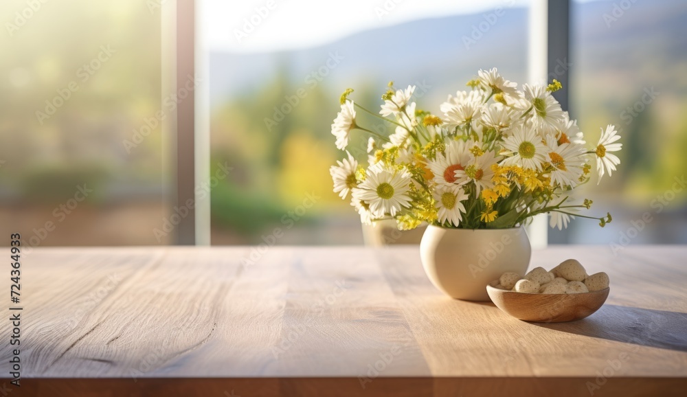 Bouquet of spring flowers on a kitchen table with a mountain view. Bouquet of spring flowers on a kitchen table with a mountain view.
