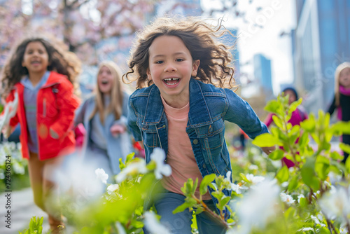 children joyfully walking through a vibrant cityscape during the spring season
