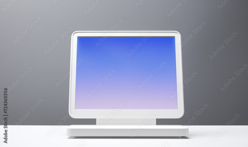 Computer with blue screen on grey wall background with copy space