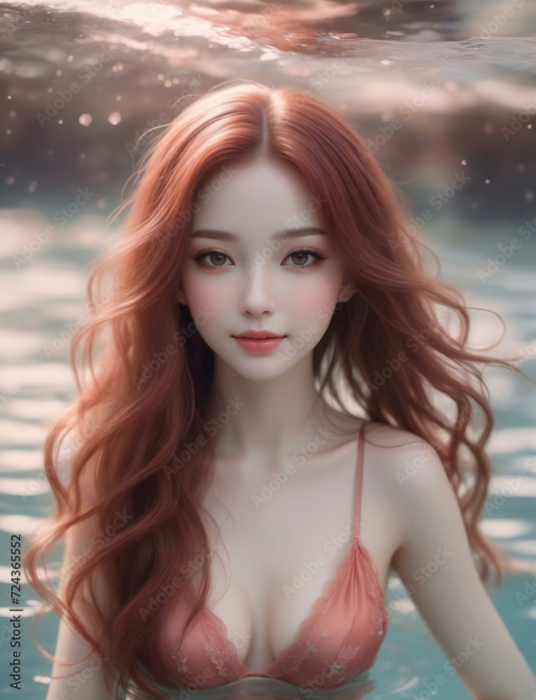 Portrait of a beautiful asian woman with red hair in swimming pool