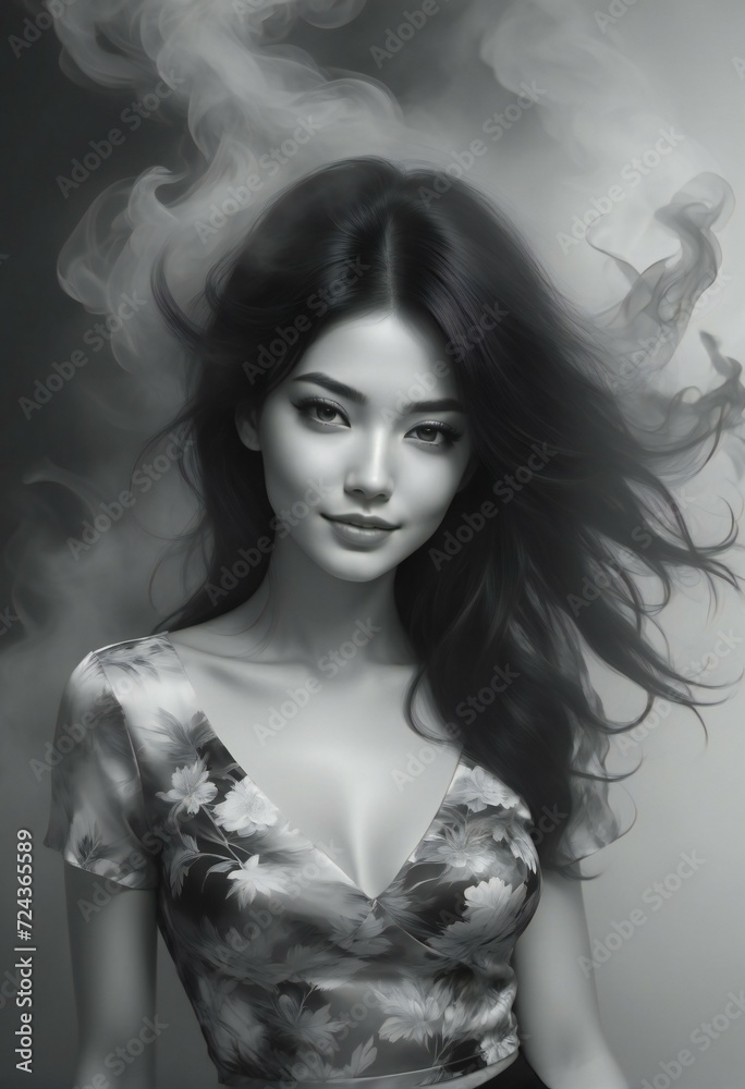 Portrait of beautiful asian woman with long hair and smoke on grey background
