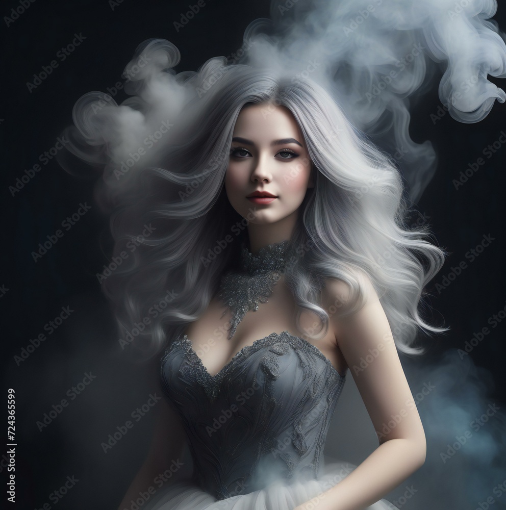 Portrait of a beautiful woman with long hair and smoke on a black background