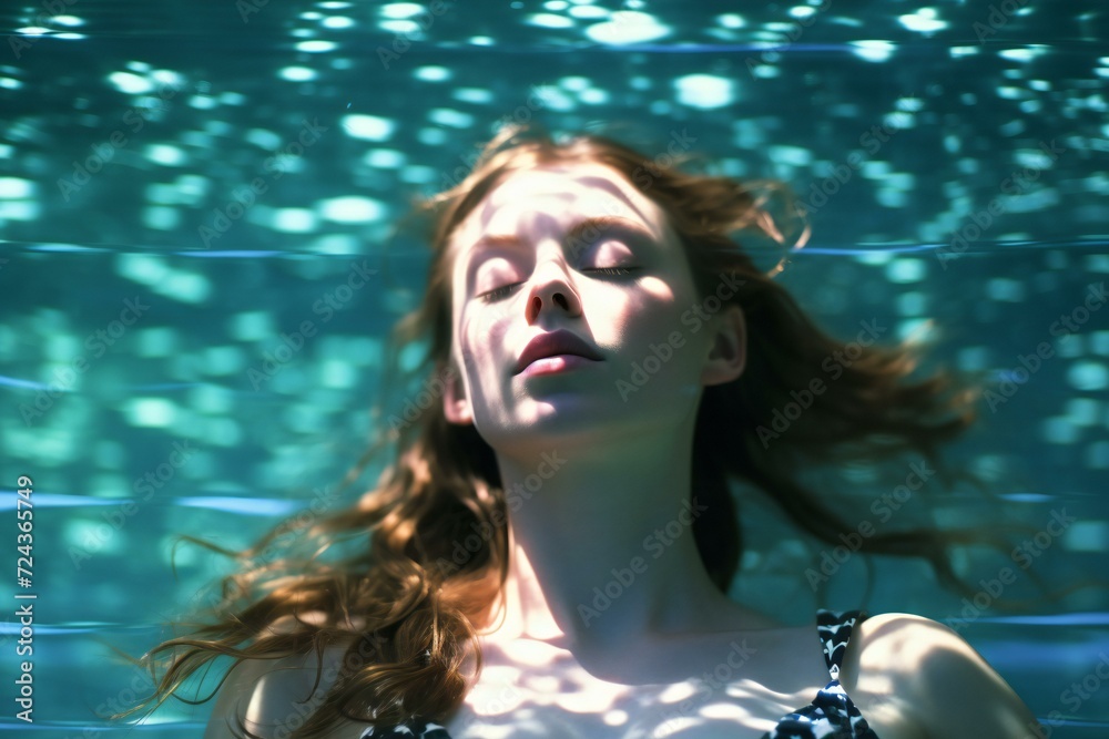 Portrait of a beautiful young woman in a swimming pool,  Blur background