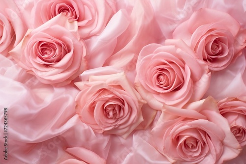 Beautiful pink roses as background  top view   Space for text