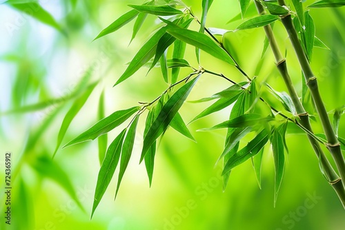 Bamboo leaves on green background in sunny day   Nature background