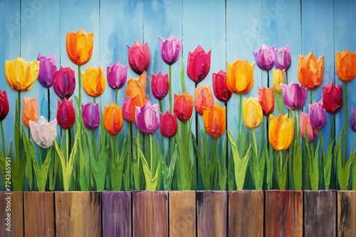 Colorful tulip flowers in a row on a blue wooden background #724365951