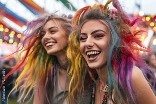 Cheerful young women with colorful hair having fun in amusement park