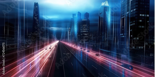 Trail lights from highway and light reflection from buildings in modern city at fog night. Seamless loop. Concept of technology background, cyberpunk, fin tech, big data, 5g fast network