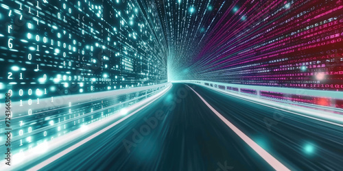 3d abstract highway path through digital binary data. Concept of big data processing, machine learning, artificial intelligence, hyper loop, virtual reality, high speed network
