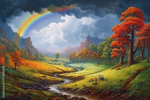 Autumn landscape with colorful forest and rainbow, Digital painting on canvas