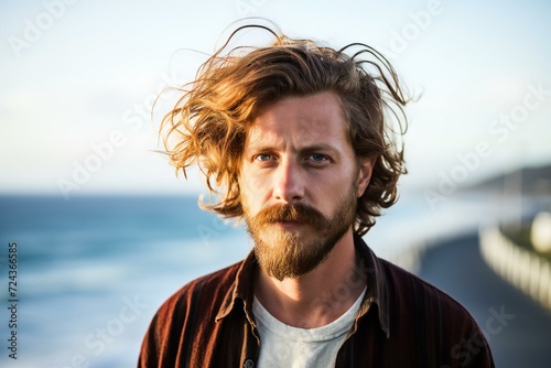 Portrait of a handsome man with long hair on the beach