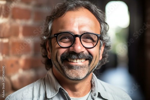Portrait of handsome man with glasses smiling at camera in a pub