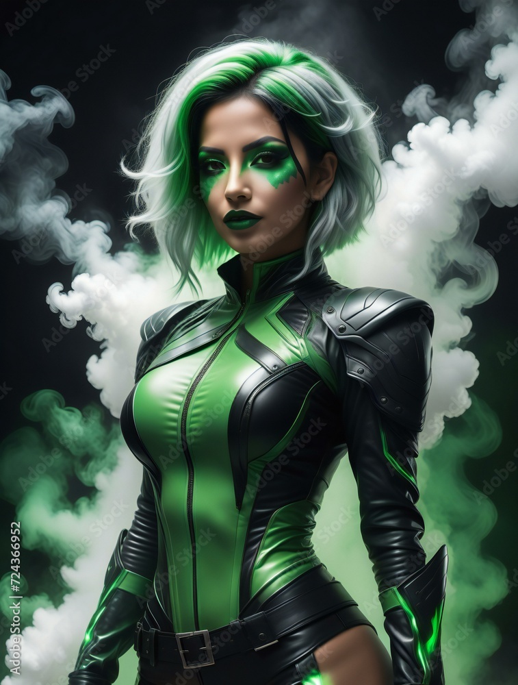 Portrait of a beautiful woman with green hair in futuristic costume