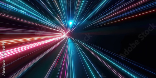  fast moving stripe lines with glowing light flare. High speed motion blur. Concept of leading in business, Hi tech products, warp speed, wormhole, science background.technology futuristic