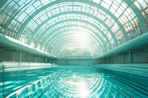 Interior of a modern swimming pool with blue light and reflections