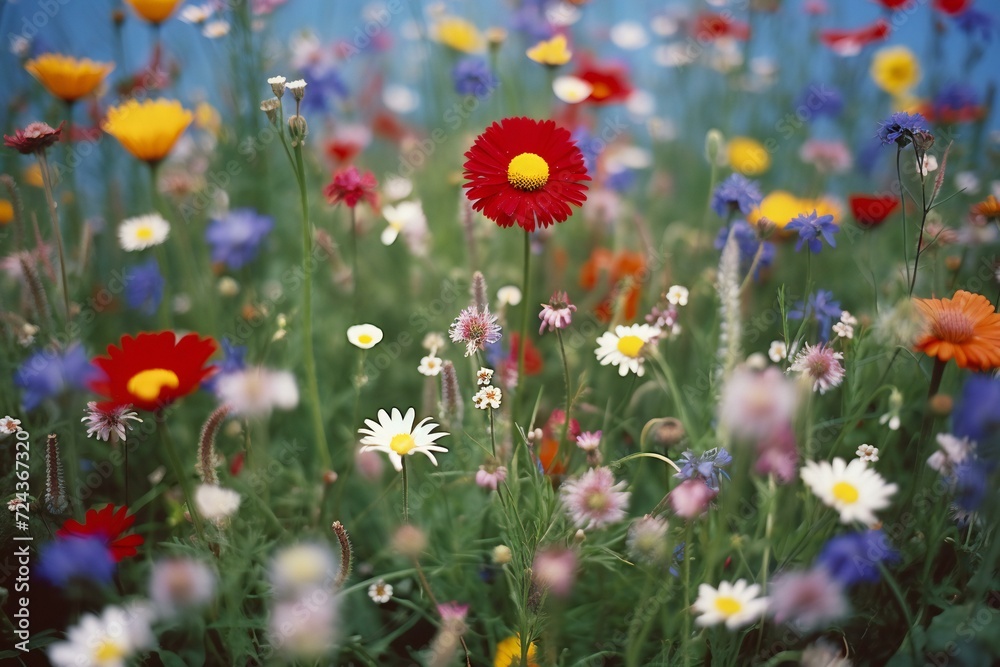 Colorful meadow with wildflowers and chamomiles