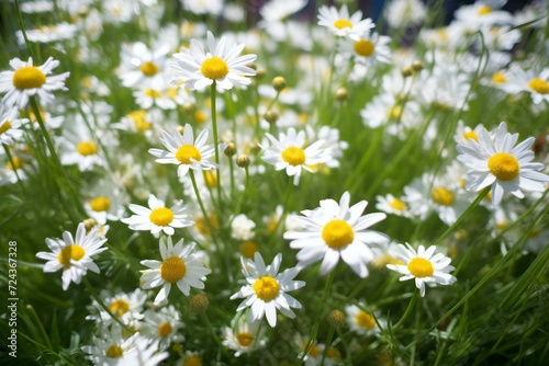 White daisies in a green meadow on a sunny day