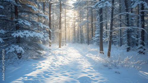 Coniferous forest in winter, snow-covered pine trees creating a serene and tranquil landscape. © Oranuch