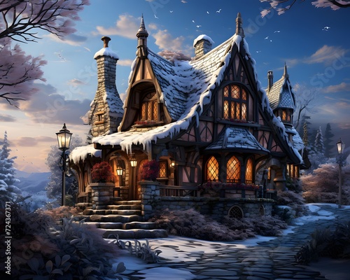 Winter landscape with old wooden house at night. Digital painting illustration.