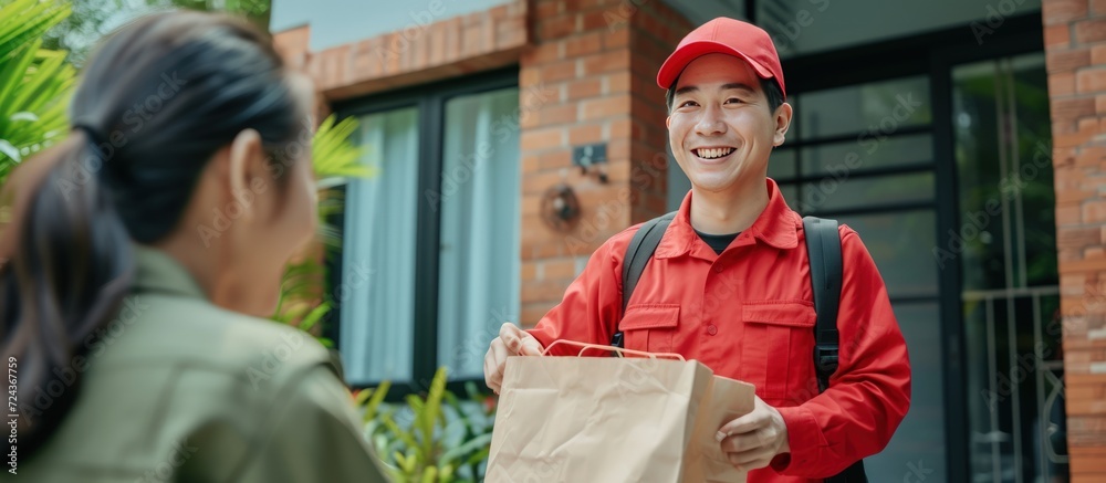 Asian woman with paper bag of food from courier in front house at sunny Asian woman with paper bag of food from courier in front house at sunny