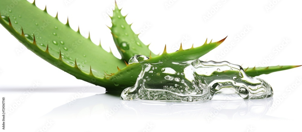 Naklejka premium Aloe vera plant and drops macro, transparent essence from aloe vera plant drips, aloe vera leaves on white background