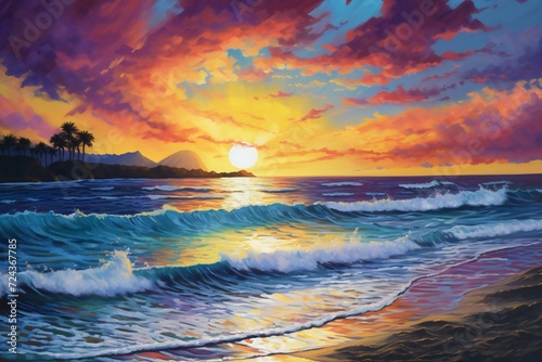 Beautiful seascape at sunset,  Digital painting in oil