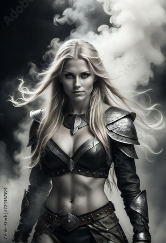 Beautiful blonde woman warrior in the smoke   Fantasy and fantasy