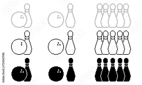 pixel art bowling  icon set isolated on white background