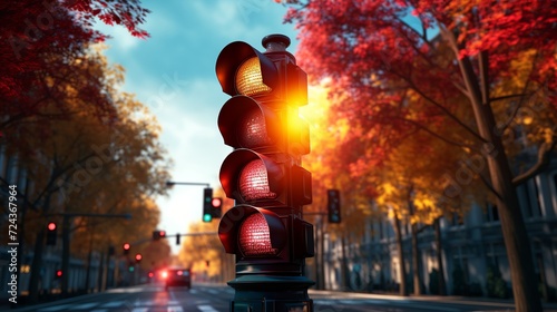 Traffic light sign change color on big city crossroad. Streetlight regulate traffic on megapolis highway closeup. Green red lights warning drivers on street. photo