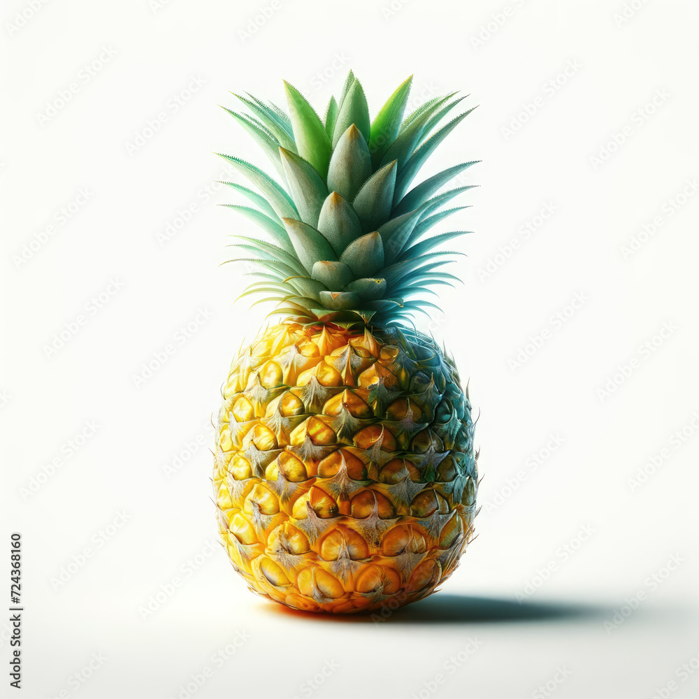 close-up of a whole pineapple, featuring its vibrant yellow and green colors, centered on a pure white background close-up of a whole pineapple, featuring its vibrant yellow and green colors, centered on a pure white background